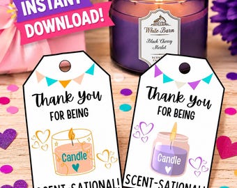 May include: Two white rectangular gift tags featuring a colorful bunting banner at the top, the text Thank you FOR BEING and SCENT-SATIONAL, and a central illustration of a candle with hearts. One tag shows a peach candle, the other a purple candle.