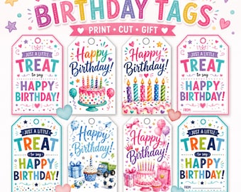 Happy Birthday Gift Tags, Colorful Treat Labels, 8 Pack (Instant Download)