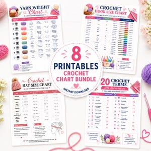 Può includere: Un set di quattro tabelle di riferimento stampabili per l'uncinetto, che includono una guida al peso del filato, una tabella delle misure degli uncinetti, una tabella delle taglie dei cappelli e un elenco di 20 termini con le relative abbreviazioni.