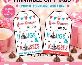 Printable Hugs and Kisses Gift Tags: Teacher, Nurse, Employee Appreciation (PDF)