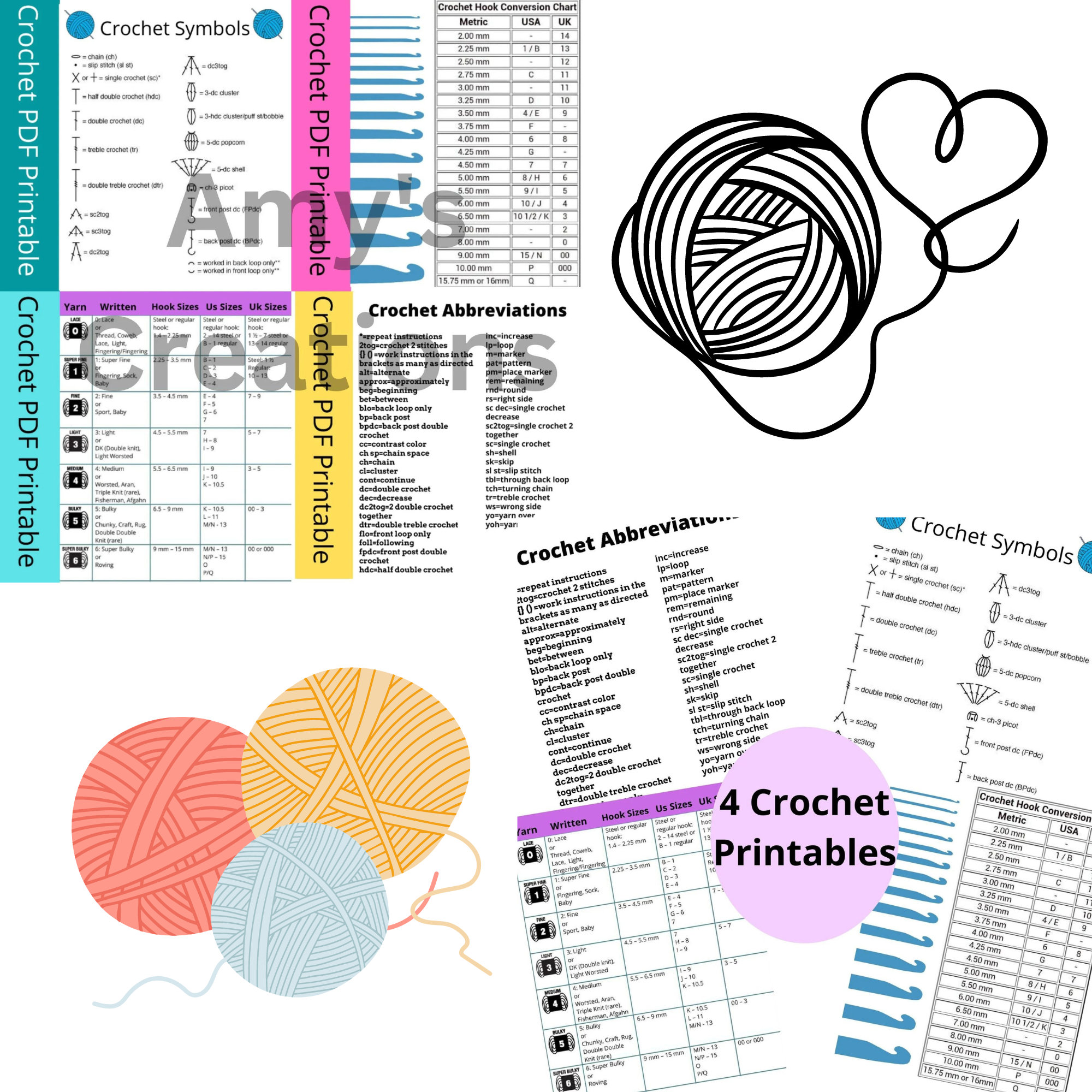Ultimate Printable Crochet Charts Guide: Hook Sizes, Stitches, Abbreviations - Instant Download ...