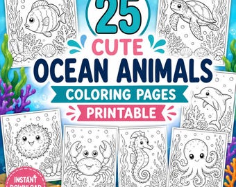 Ocean Animals Coloring Pages Printable PDF, Kids Adults Coloring Book (Digital Download)