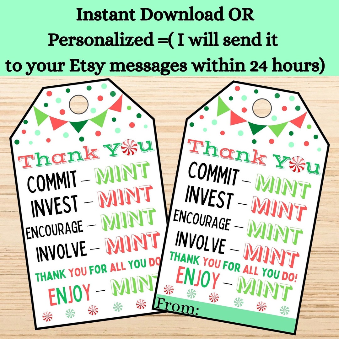 Printable Christmas Mint Gift Tags Thank You Holiday Tags Etsy