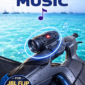 May include: A black JBL Flip speaker mounted on a jet ski, with the text "RIDE WITH MUSIC" above. The speaker has a red JBL logo. Musical notes float around the speaker, with the ocean and boats in the background.