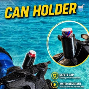 May include: Black can holder with a red, white, and blue can inside, mounted on a jet ski. The text "CAN HOLDER" is in yellow. Features include a safety cap, water resistance, and a perfect angle for easy reach.