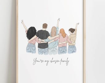 Retrato familiar personalizado a partir de una foto, regalo artístico personalizado para hermanos, ilustración dibujada a mano en acuarela o dibujo lineal.