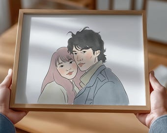 Retrato de pareja en acuarela personalizado: Impresión de líneas personalizada