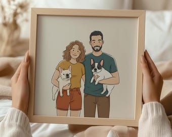 Retrato personalizado a partir de una foto, ilustración de familia, pareja y mascota, dibujo lineal personalizado en acuarela, regalo único para mamá, papá, hermana y hermano.
