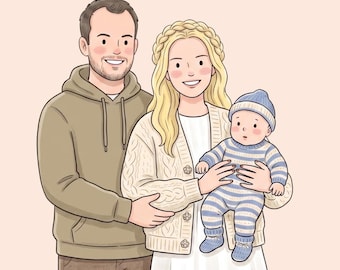 May include: Digital illustration of a family of three. A man in a brown hoodie and a woman in a cream-colored cardigan hold a baby in a blue and white striped outfit and hat. The background is a solid light pink.