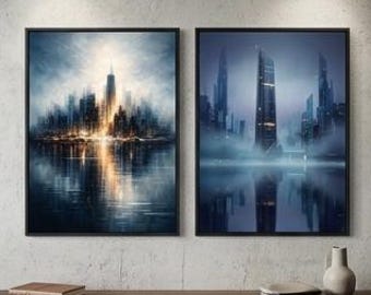 Zestaw 2 wydruków z niebiesko-bursztynowym widokiem na panoramę miasta | Nowoczesna sztuka ścienna z pejzażem miejskim | Plakat z nastrojowym odbiciem wody w mieście | Pobieranie cyfrowe