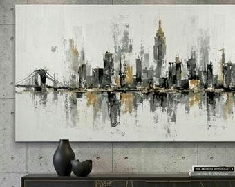 Arte panorámico del horizonte de Nueva York / Lámina minimalista de paisaje urbano en tonos grises y dorados / Póster de horizonte amplio / Descarga digital