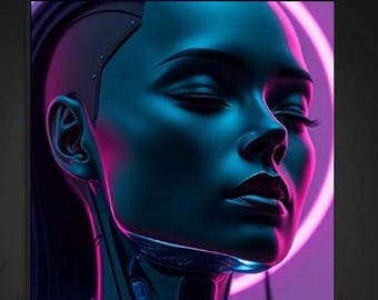 Cyber AI Goddess Wall Art – Futuristic Cyberpunk Female Portrait (Digital Download)