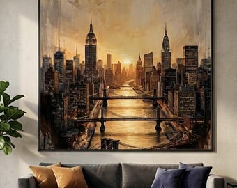 Lámina con la hora dorada de Nueva York / Arte mural del horizonte de Manhattan al atardecer / Póster de paisaje urbano / Descarga digital