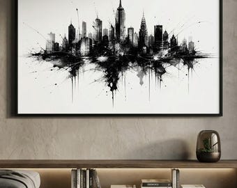 NYC Cityscape Ink Splatter Art Print | New York Skyline Wall Decor | Black and White Urban Poster | Digital Download