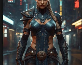 Cyberpunk Viking Female Warrior Set – Blue Digital Art (Digital Download)