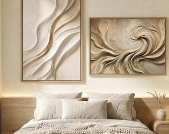 Zestaw 2 grafik ściennych Japandi Plaster | Beżowy, teksturowany, reliefowy dyptyk | Minimalistyczny wystrój w stylu wabi sabi | Organiczna fala | Pobieranie cyfrowe