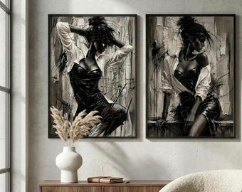 Conjunto de 2 láminas decorativas de pared con retratos de mujer / Vinilo negro con estampado Fashion Noir / Pintura texturizada con empaste / Descarga digital
