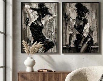 Zestaw 2 obrazów ściennych „Portret kobiety” | Czarny winylowy wydruk w stylu noir | Teksturowany obraz impasto | Pobieranie cyfrowe
