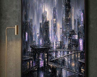 Cuadro decorativo de paisaje urbano morado oscuro / Lámina con horizonte nocturno melancólico / Decoración urbana futurista / Lámina de estética oscura / Descarga digital