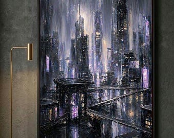 Donkerpaarse stadsgezicht muurdecoratie | Sfeervolle nachtelijke skyline print | Futuristisch stedelijk decor | Donkere esthetische print | Digitale download