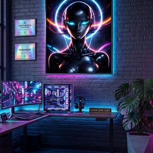 May include: A futuristic gaming setup with a large framed artwork of a female cyborg with glowing blue eyes and a neon halo. The room features a desktop computer, a desk with a keyboard, and a plant in a geometric pot. The wall is brick.