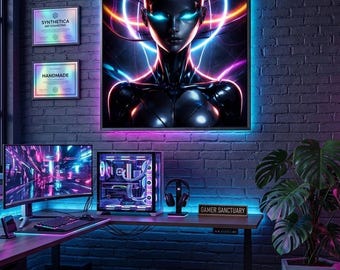 Cyberpunk Android neonkunst aan de muur, futuristische vrouwelijke cyborg print, gaming room decor, sci-fi digitale download, moderne techno-gotische poster