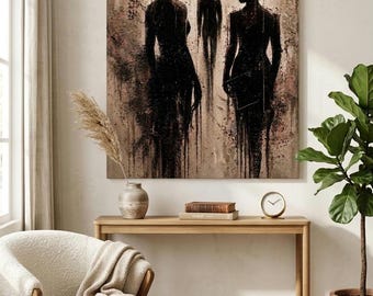 Grafika ścienna „Sylwetki” | Nastrojowy, sepiowo-złoty druk impasto | Dzieło sztuki „Dwie kobiety i mężczyzna” | Pobieranie cyfrowe