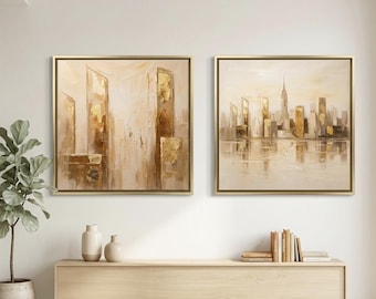 Láminas modernas de lujo en tonos dorados y beige con paisajes urbanos, juego de 2 láminas decorativas para pared, póster minimalista con horizonte urbano, decoración para dormitorio y sala de estar / Descarga digital