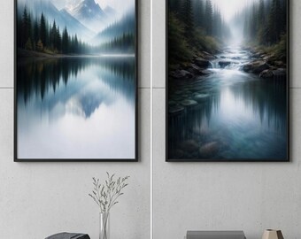Moderne natuurlandschapsprints, mistig bergmeer en bosrivier set van 2, hedendaagse kunst aan de muur dennenbos (digitale download)