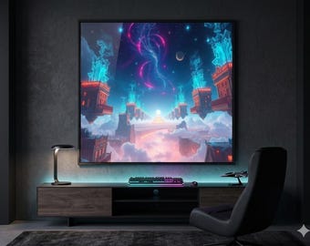 Futurystyczny obraz ścienny Sky City | Druk science fiction z pływającym miastem | Plakat z mgławicą kosmiczną | Dekoracja pokoju gier | Pobieranie cyfrowe