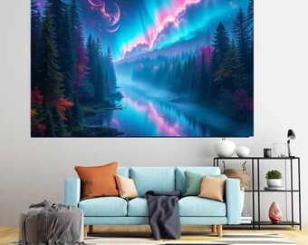 Cosmic Landscape Wall Art Set | Moonlit River Fantasy (Digital Download)
