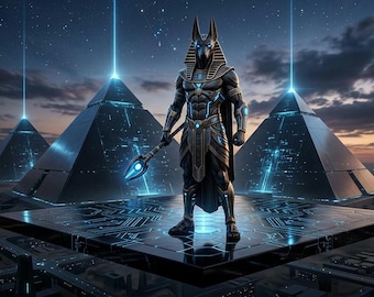 Anubis Cyberpunk Art Print,Ancient Alien Anunnaki Poster,Futuristic Egyptian God Art,Sci-Fi Mythology Digital Download,Dark Aesthetic,8K JPG