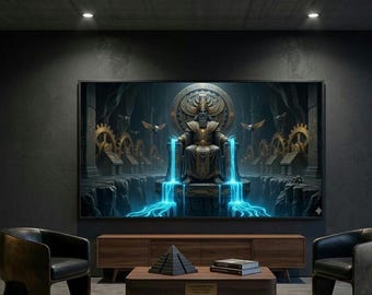 Arte mural del dios sumerio Enki Anunnaki Cyberpunk / Póster de la antigua Mesopotamia / Decoración para sala de juegos / Descarga digital
