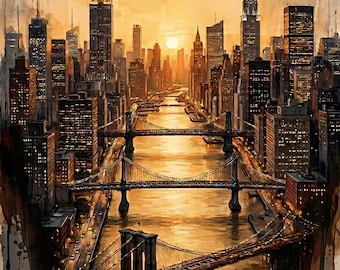 Lámina con la silueta de Manhattan, atardecer en la hora dorada de Nueva York, póster de paisaje urbano (descarga digital)
