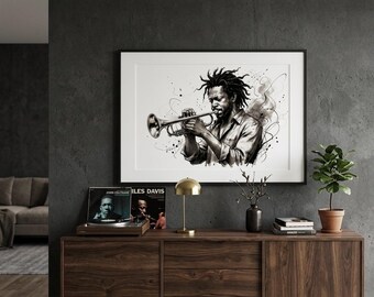 Cuadro de trompetista de jazz / Boceto de músico en tinta negra / Decoración para sala de música / Póster de trompetista / Descarga digital
