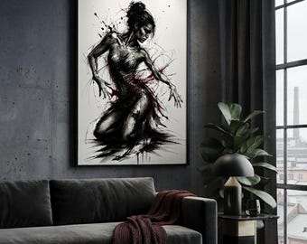 Crimson Ballerina Ink Art | Czarno-czerwony nadruk tancerki | Ekspresyjny szkic postaci rozpryskującej się | Ciemny, kobiecy wystrój | Pobieranie cyfrowe