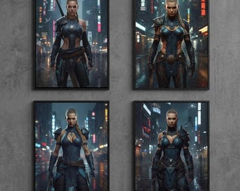 Cyber Viking Woman-kunstbundel, futuristische Noorse krijger digitale printset, Cyberpunk Valkyrie-poster, muurkunst blauwe neon soldaat, set van 4
