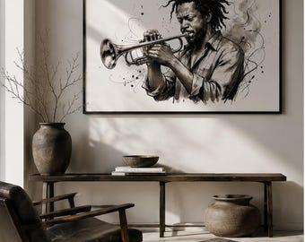 Plakat z trębaczem jazzowym | Szkic muzyka czarnym tuszem | Dekoracja pokoju muzycznego | Plakat z trębaczem | Pobieranie cyfrowe