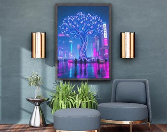Cyber Cityscape Art Print Set – Futuristic Tree of Life (Digital Download)