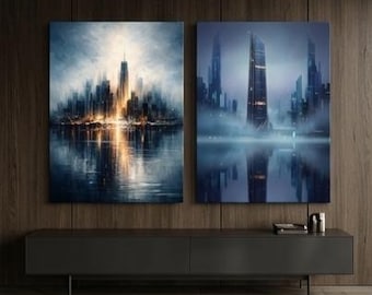Abstract stadsgezicht set van 2, moderne skyline muurkunst, blauwe amber stedelijke prints, decor Cyber City reflecties, 2-delige digitale downloadset