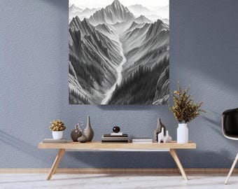 Black and White Mountain Print Set of 2 – Minimalist Wall Art Landscape (Digital Download)