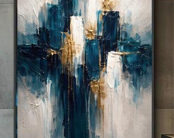 Blauwgroen en goud muurkunst, abstract olieverfschilderij digitale download, marineblauw getextureerde poster, modern luxe decor, grote afdrukbare kunstprint