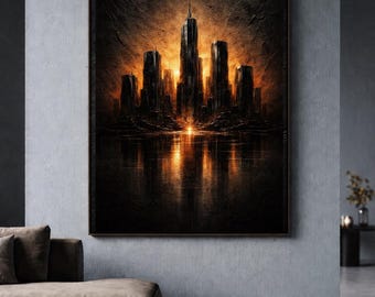 Arte mural de paisaje urbano oscuro dorado / Lámina de metrópolis futurista cyberpunk / Decoración de lujo para sala de juegos u oficina / Descarga digital