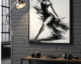 Abstracte dans kunst aan de muur, expressieve vrouw inktspatten print, moderne minimalistische poster (digitale download)