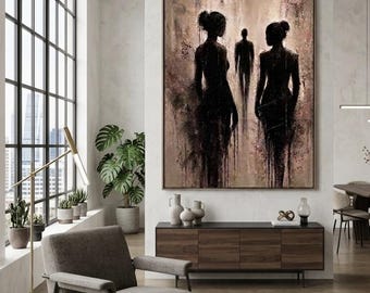 Three Figures Silhouette Wall Art | Moody Sepia Gold Impasto Print | Two Women and a Man Artwork | Printable Digital Download