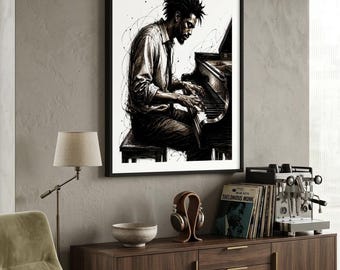Arte mural de pianista de jazz / Decoración musical con ambiente / Lámina de piano en tinta negra / Póster musical abstracto / Descarga digital