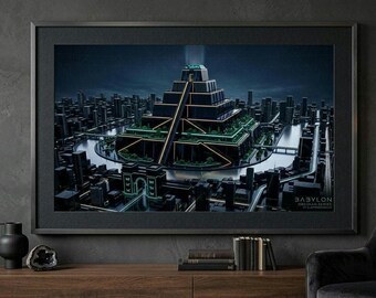 Arte mural ciberpunk de Babilonia / Lámina de zigurat mesopotámico antiguo / Póster de ciencia ficción / Decoración para sala de juegos / Descarga digital