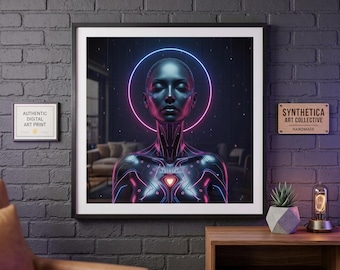 Cyberpunk vrouw kunst aan de muur, futuristisch vrouwelijk portret digitale print, cyber minimalistische poster, neon halo godin kunst, donkere sci-fi decor