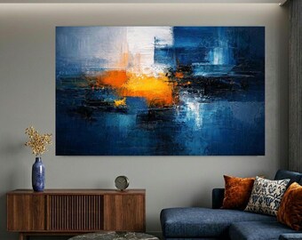 Lámina abstracta con efecto empaste en tonos azul y naranja, ideal para decorar la pared de un salón moderno (descarga digital).