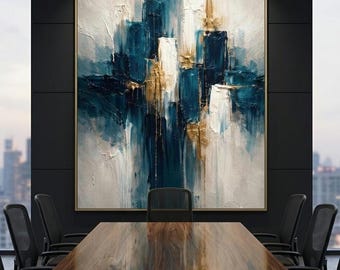 Lámina abstracta en tonos verde azulado y dorado / Arte mural con textura de empaste grueso / Póster azul petróleo oscuro / Decoración impactante para la oficina / Descarga digital